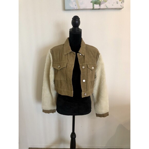 Nasty Gal Tan Khaki Corduroy Sherpa Crop Jacket Size 10 Medium NEW - Picture 1 of 7